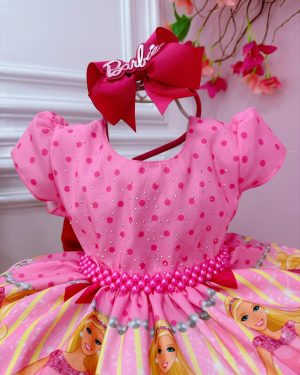 Vestido Infantil Barbie Rosa e Pink Peito C/ Strass Pérolas