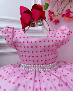 Vestido infantil Barbie Rosa C/ Cinto de Pérolas e Strass
