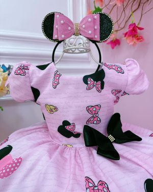 Vestido Infantil Minnie Rosa Com Broche de Laço Luxo