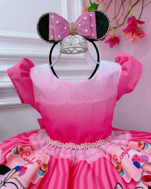 Vestido Infantil Minnie Rosa Confeitaria Pink C/ Strass