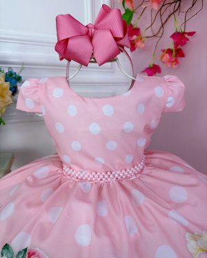 Vestido Infantil Rosa Bebê Florido Primavera Cinto Pérolas