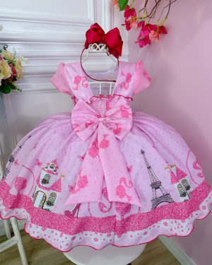 Vestido Infantil Casa da Barbie Rosa C/ Cinto de Pérolas