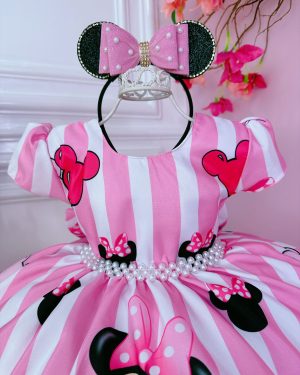 Vestido Infantil Minnie Rosa C/ Listras Cinto de Pérolas
