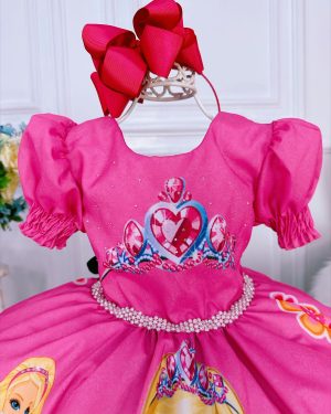 Vestido Infantil Princesa Barbie Rosa Chiclete Com Cinto