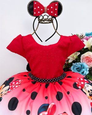 Vestido Infantil Minnie Vermelha Bolas Cinto e Pérolas Luxo