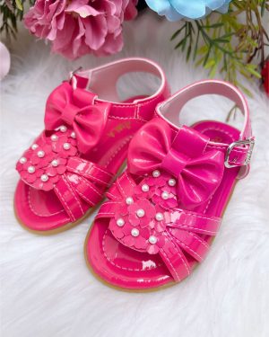 Sandália Pink Aplique de Flor e Pérolas C/ Lacinho Luxo