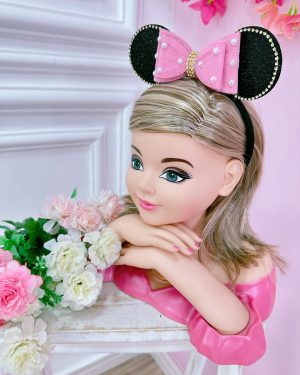 Tiara Infantil Minnie Rosa Chiclete Preta Pérolas Strass Tule