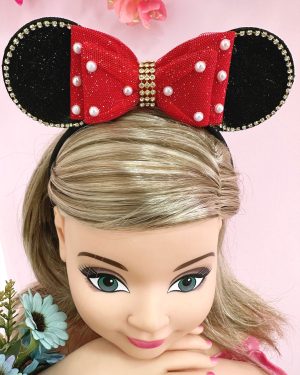 Tiara Infantil Minnie Vermelha Preta Pérolas Strass Tule