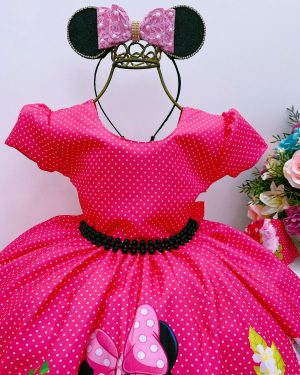 Vestido Infantil Minnie Pink Bolinhas Pérolas