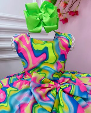 Vestido Infantil Barbie Colorido Neon C/ Broche de Laço