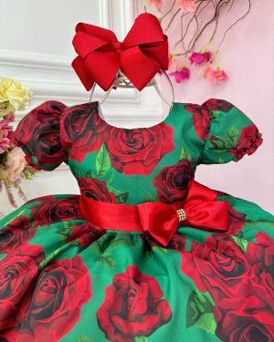 Vestido Infantil Verde Florido de Rosas Natal Festas Luxo