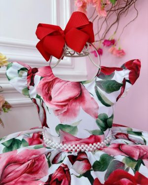 Vestido Infantil Branco Florido de Rosas Cinto Pérolas Festa