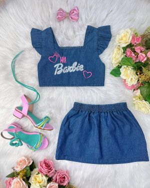 Conjunto Jeans Hi Barbie Com Laço Festas Luxo Casual