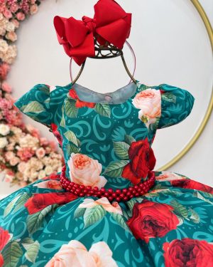 Vestido Infantil Verde Florido Com Cinto de Pérolas Natal