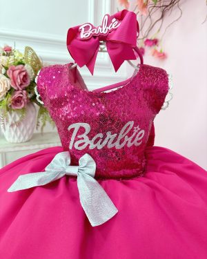 Vestido Infantil Barbie Pink Busto Paetê e Broche de Lacinho