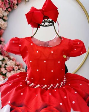 Vestido Infantil Vermelho Florido Com Cinto de Pérolas Natal