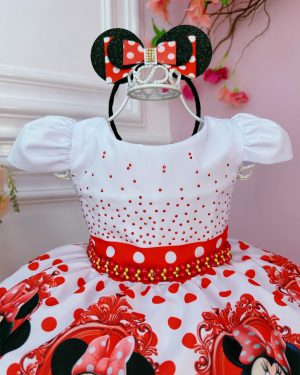Vestido Infantil Minnie Vermelho Bolinhas Pérolas C/ Tiára