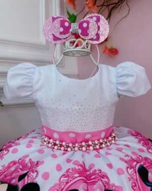 Vestido Infantil Minnie Rosa Bolinhas Pérolas Acompanha a Tiára