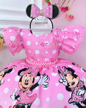 Vestido Infantil Minnie Florido de Rosas C/ Pérolas Festas