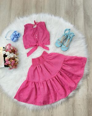 Conjunto Meninas Pink Cropped e Saia Midi Lese Casual Luxo