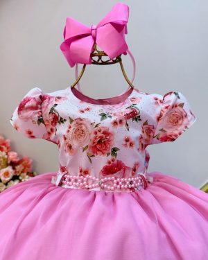 Vestido Infantil Branco Florido Strass e Saia Rosa Luxo