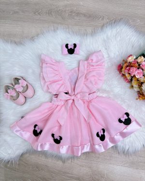 Romper da Minnie Rosa Com Laço e Saia Glitter Luxo