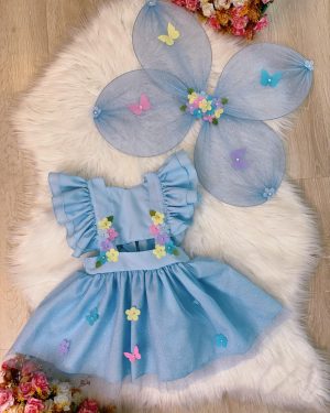 Romper Jardim Encantado Com Asa Azul Bebê Luxo