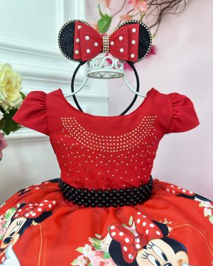 Vestido Infantil Minnie Vermelha Cinto de Pérolas Preto Luxo