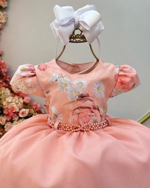Vestido Infantil Salmão e Saia Babados Busto Florido Strass