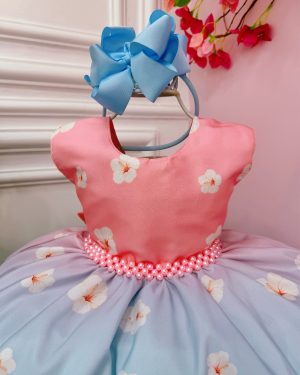 Vestido Infantil da Lilo e Stitch Rosa Florido Festas Luxo