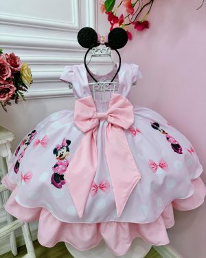 Vestido Infantil Minnie Rosa Com Bolinhas e Pérolas Luxo