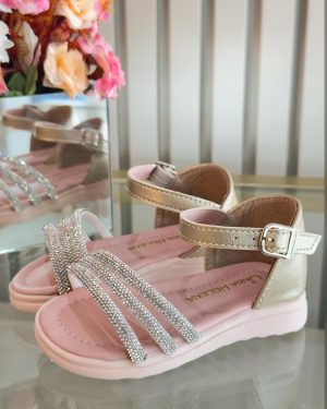 Sandália Infantil Dourada Com Brilho Strass Luxo