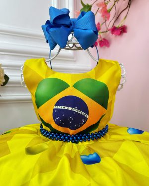 Vestido Infantil Temático Amarelo e Azul Brasil C/ Pérolas