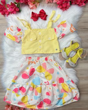 Conjunto Meninas Blusa Amarela e Saia Borboletas Coloridas Casual