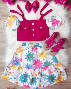 Conjunto Meninas Blusa Pink e Saia Florida Margaridas Luxo Casual