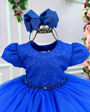 Vestido Menina Bonita Azul Royal Peito Rendado