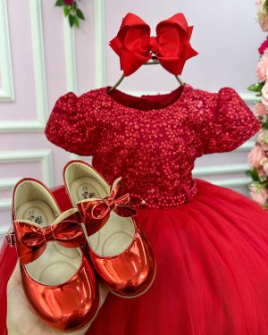 Vestido Menina Bonita Vermelho Peito Rendado Florzinha