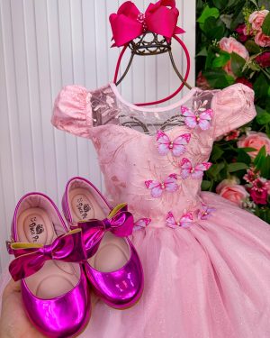 Vestido Vila Lele Longo Jardim Encantado Borboletas Rosa Bebe