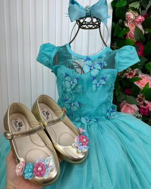 Vestido Vila Lele Longo Jardim Encantado Borboletas Verde Tiffany