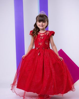 Vestido Vila Lele Longo Jardim Encantado Borboletas Vermelho