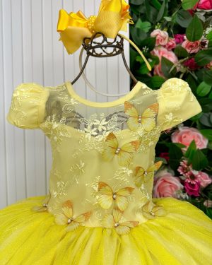 Vestido Vila Lele Longo Jardim Encantado Borboletas Amarelo