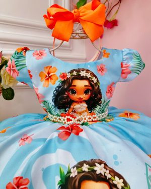 Vestido Infantil Azul Moana Doll Florido Luxo Festas