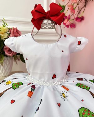 Vestido Infantil Branco Aquarela C/ Cinto de Pérolas Festas