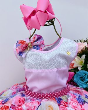 Vestido Infantil Rosa Florido C/ Laço e Cinto Pérolas Luxo