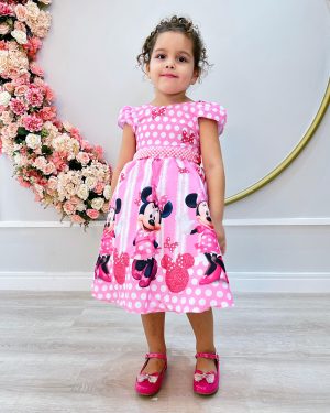 Vestido Infantil Minnie Rosa Cinto de Pérolas Princesas Bolinhas
