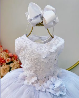 Vestido Infantil Branco C/ Renda e Aplique de Flores Formatura