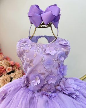 Vestido Infantil Lilás C/ Renda e Aplique de Flores Formatura