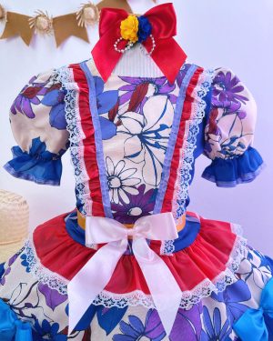 Fantasia Infantil Junino Azul e Vermelho Flores Coloridas