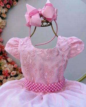 Vestido Infantil Rosa Bebê Busto Com Renda Formatura Festas