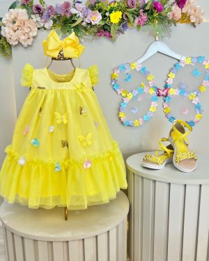 Vestido Infantil Amarelo Jardim Encantado C/ Apliques Festa